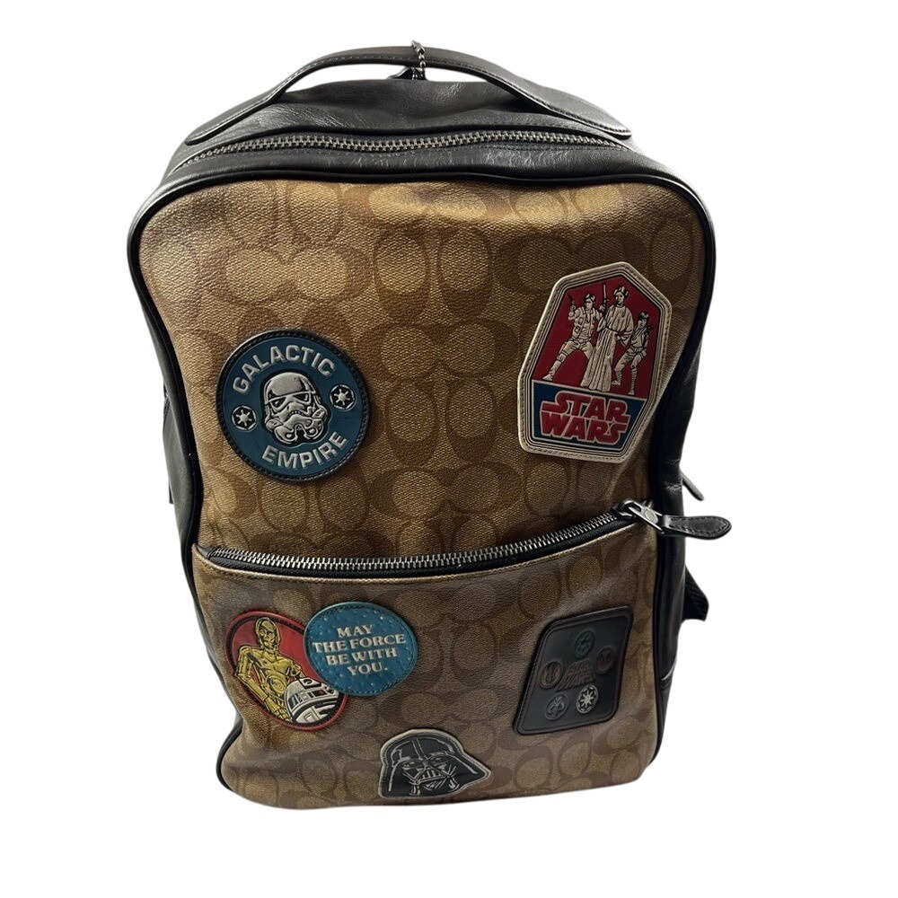 Coach Brown Signature Canvas Star Wars Patch Backpack with Black Trim